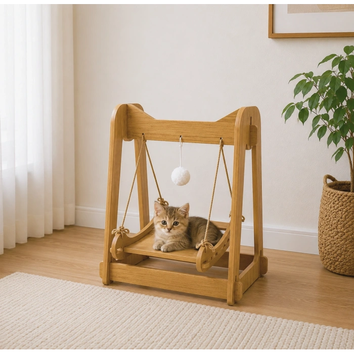 Pureza Ahşap Kedi Salıncağı & Oyun Platformu – Ponponlu, Doğal Ahşap Oyuncak