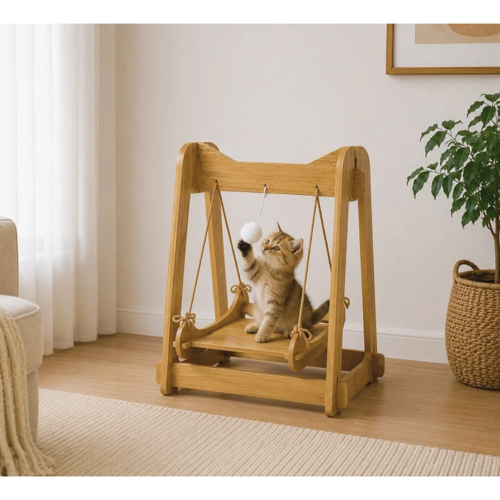 Pureza Ahşap Kedi Salıncağı & Oyun Platformu – Ponponlu, Doğal Ahşap Oyuncak