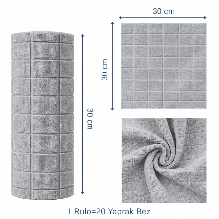 Pureza Gri Rulo Mikrofiber Temizlik Bezi 30X30 cm 20li- Mutfak, Banyo, Cam ve Araba Için
