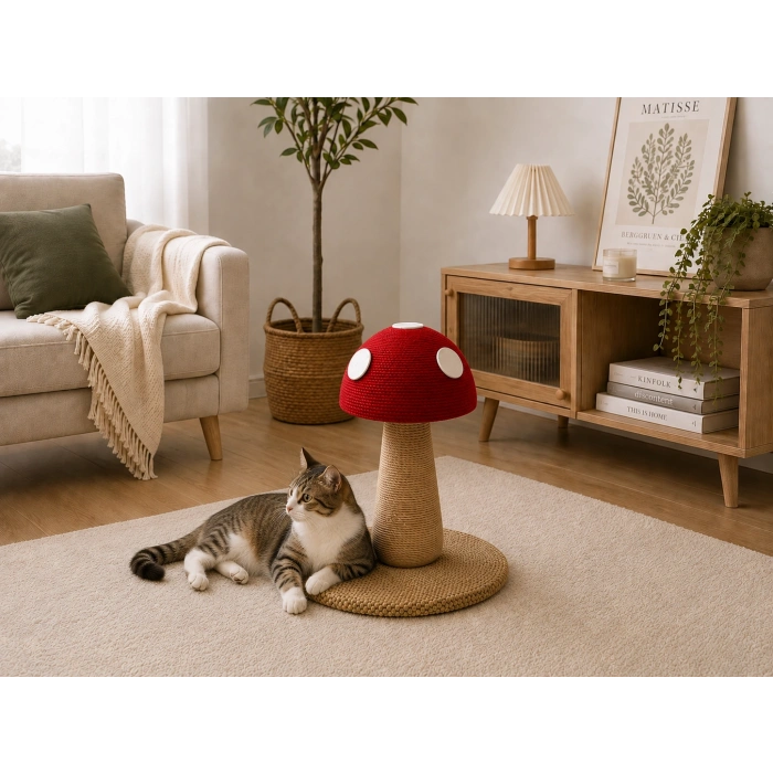 Pureza Kırmızı Mantar Tasarımlı Kedi Tırmalama ve Oyuncak Standı – Interaktif Kedi Oyuncağı