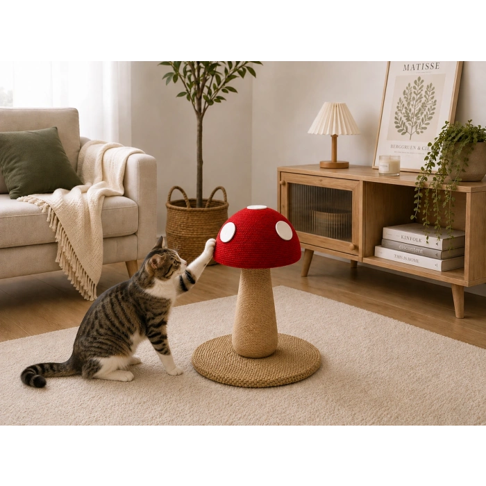 Pureza Kırmızı Mantar Tasarımlı Kedi Tırmalama ve Oyuncak Standı – Interaktif Kedi Oyuncağı