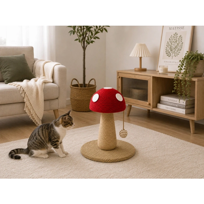 Pureza Kırmızı Mantar Tasarımlı Kedi Tırmalama ve Oyuncak Standı – Interaktif Kedi Oyuncağı
