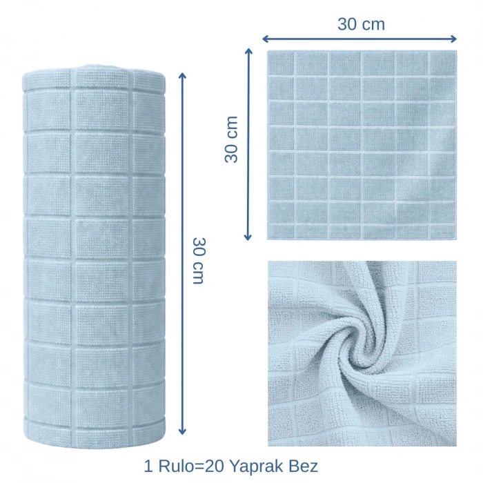 Pureza Mavi Rulo Mikrofiber Temizlik Bezi 30X30 cm 20li- Mutfak, Banyo, Cam ve Araba Için