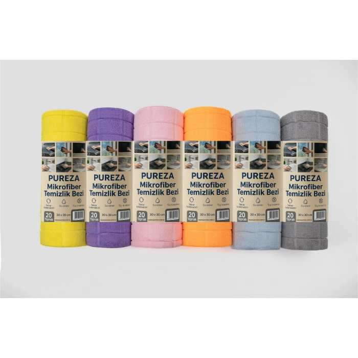 PUREZA Rulo Mikrofiber Temizlik Bezi 30x30 cm 20li- Mutfak, Banyo, Cam ve Araba için