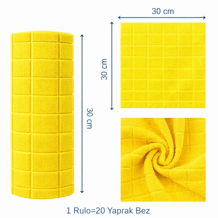 Pureza Sarı Rulo Mikrofiber Temizlik Bezi 30X30 cm 20li- Mutfak, Banyo, Cam ve Araba İçin