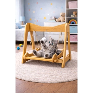 Pureza Ahşap Kedi Salıncağı & Oyun Platformu – Ponponlu, Doğal Ahşap Oyuncak