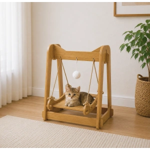 Pureza Ahşap Kedi Salıncağı & Oyun Platformu – Ponponlu, Doğal Ahşap Oyuncak