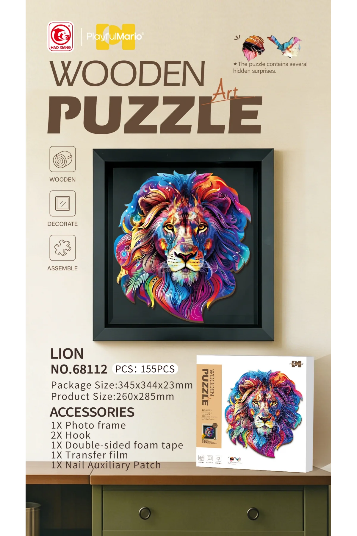 3D Puzzle Ahşap Minyatür Maket Kiti DIY Kendin Yap Aslan 155 Parça