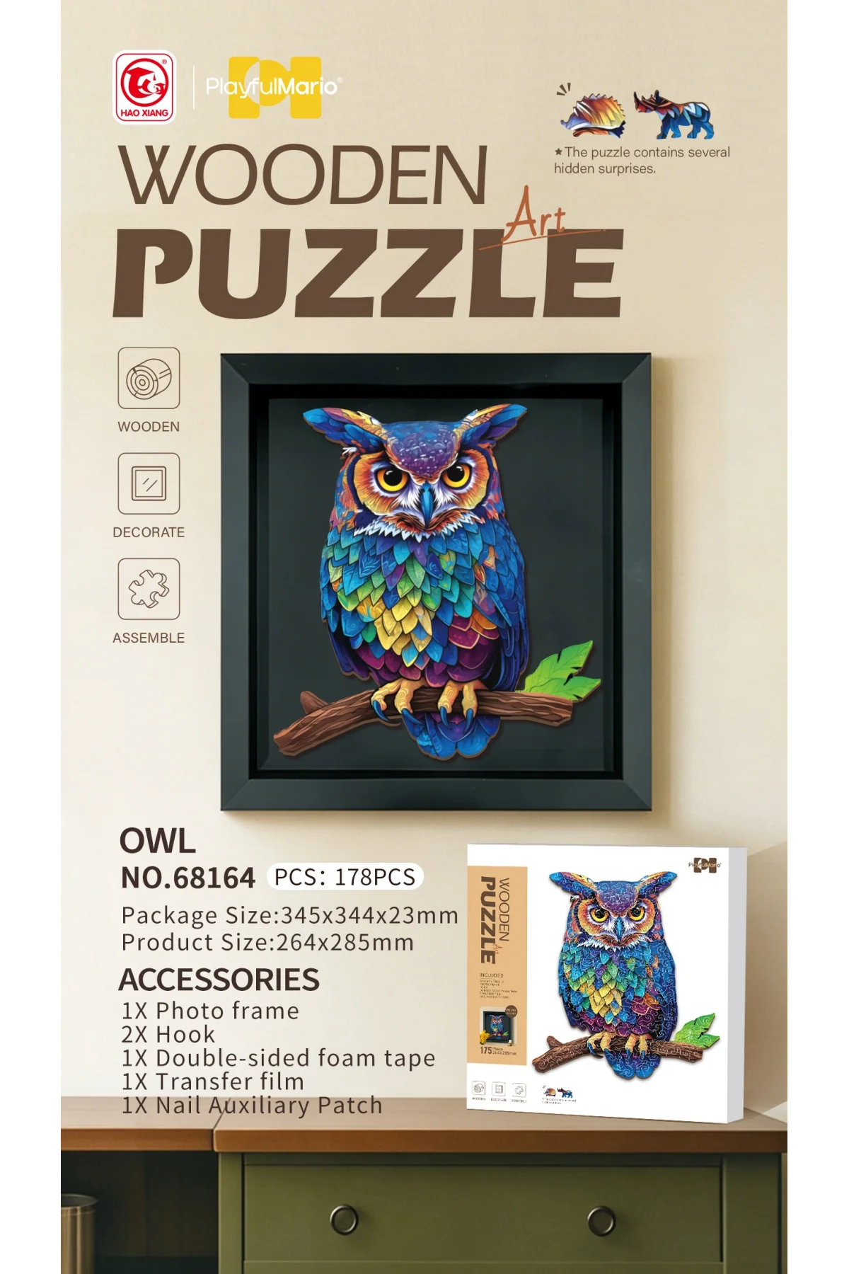 3D Puzzle Ahşap Minyatür Maket Kiti DIY Kendin Yap Baykuş 178 Parça