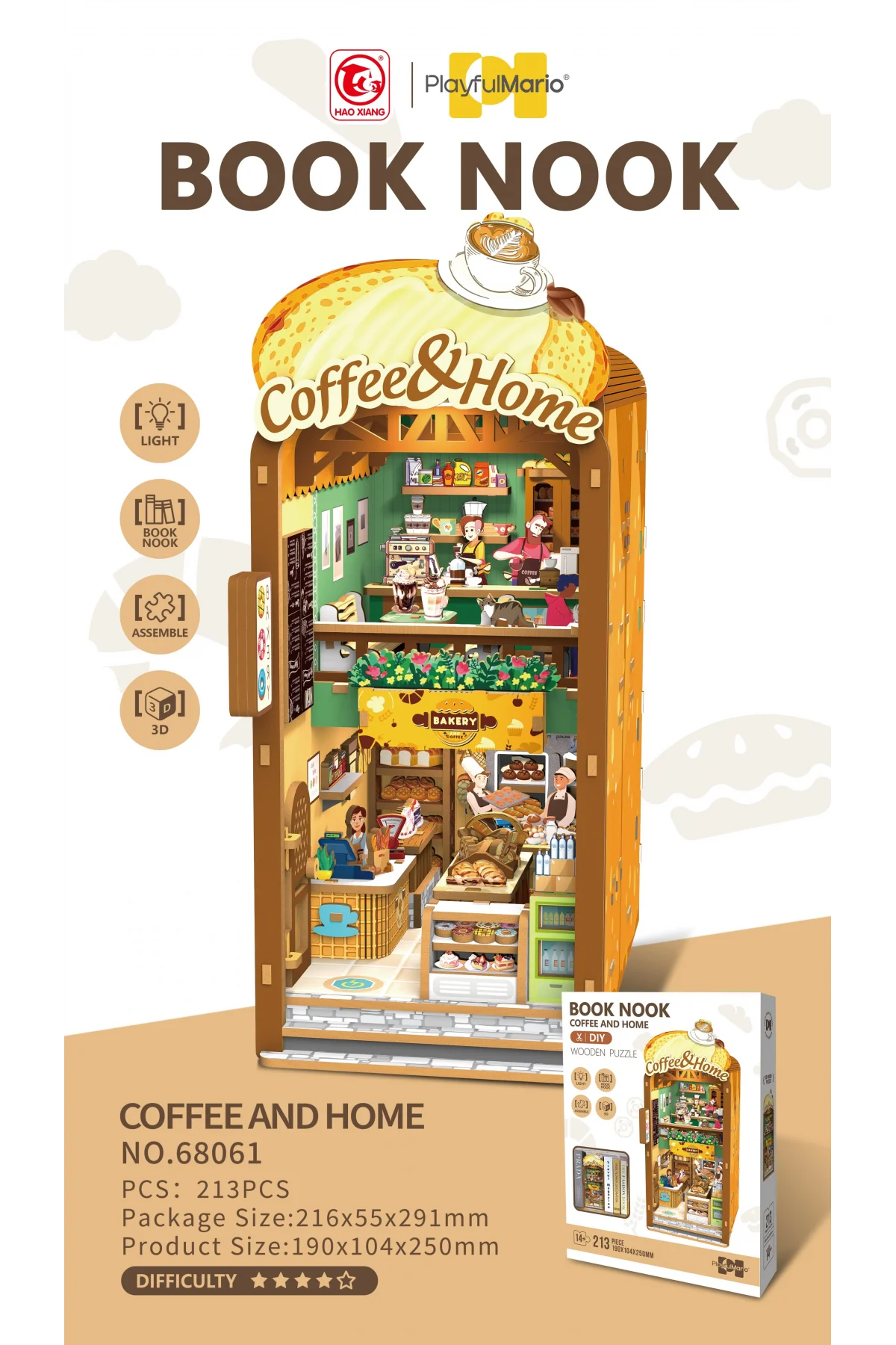 3D Puzzle Ahşap Minyatür Maket Kiti DIY Kendin Yap Cafe ve Ev Işıklı 213 Parça