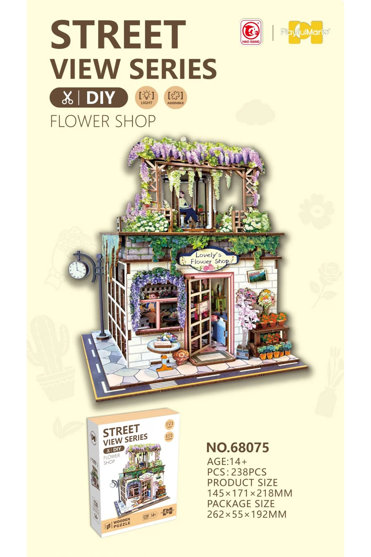 3D Puzzle Ahşap Minyatür Maket Kiti DIY Kendin Yap Çiçek Dükkanı Işıklı 243 Parça