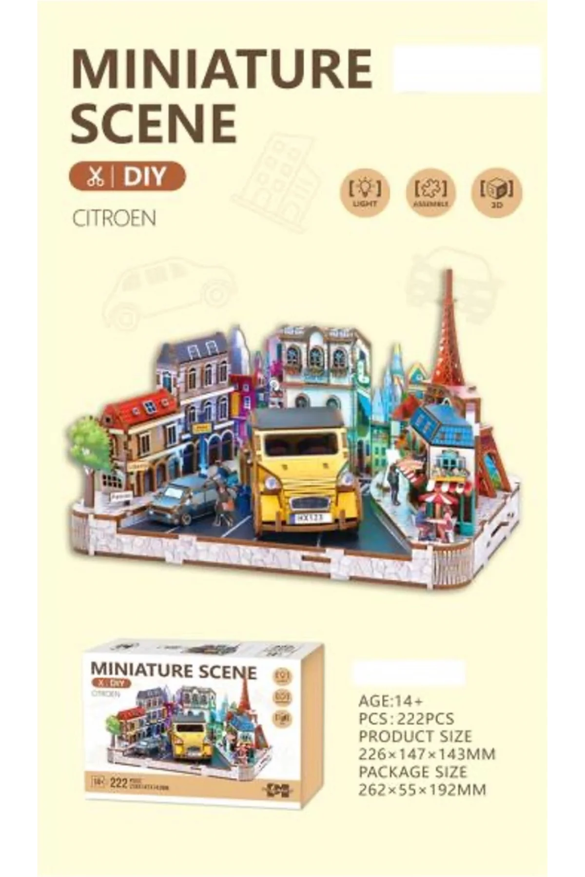 3D Puzzle Ahşap Minyatür Maket Kiti DIY Kendin Yap Citroen Işıklı 222 Parça