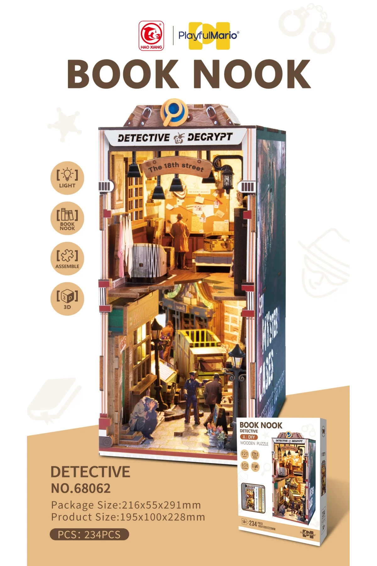 3D Puzzle Ahşap Minyatür Maket Kiti DIY Kendin Yap Dedektif Büro Işıklı 234 Parça