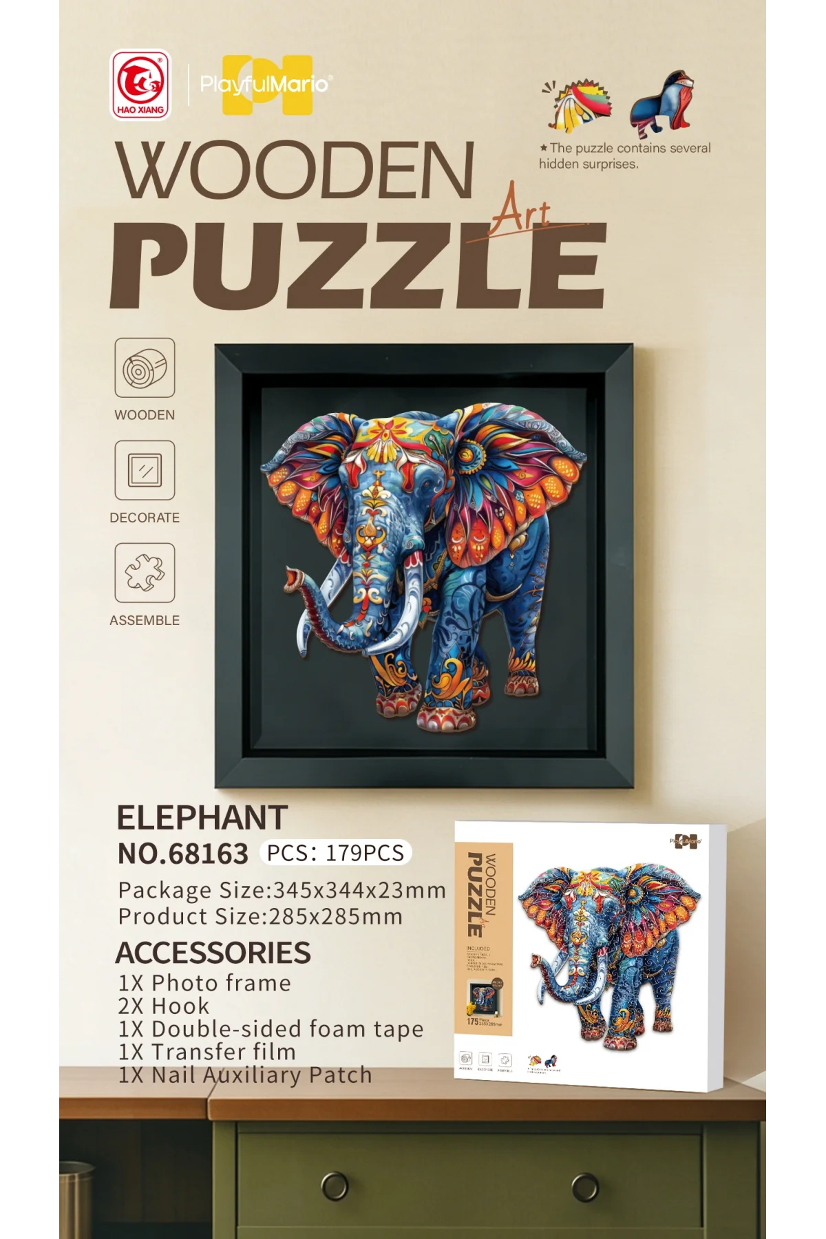 3D Puzzle Ahşap Minyatür Maket Kiti DIY Kendin Yap Fil 179 Parça