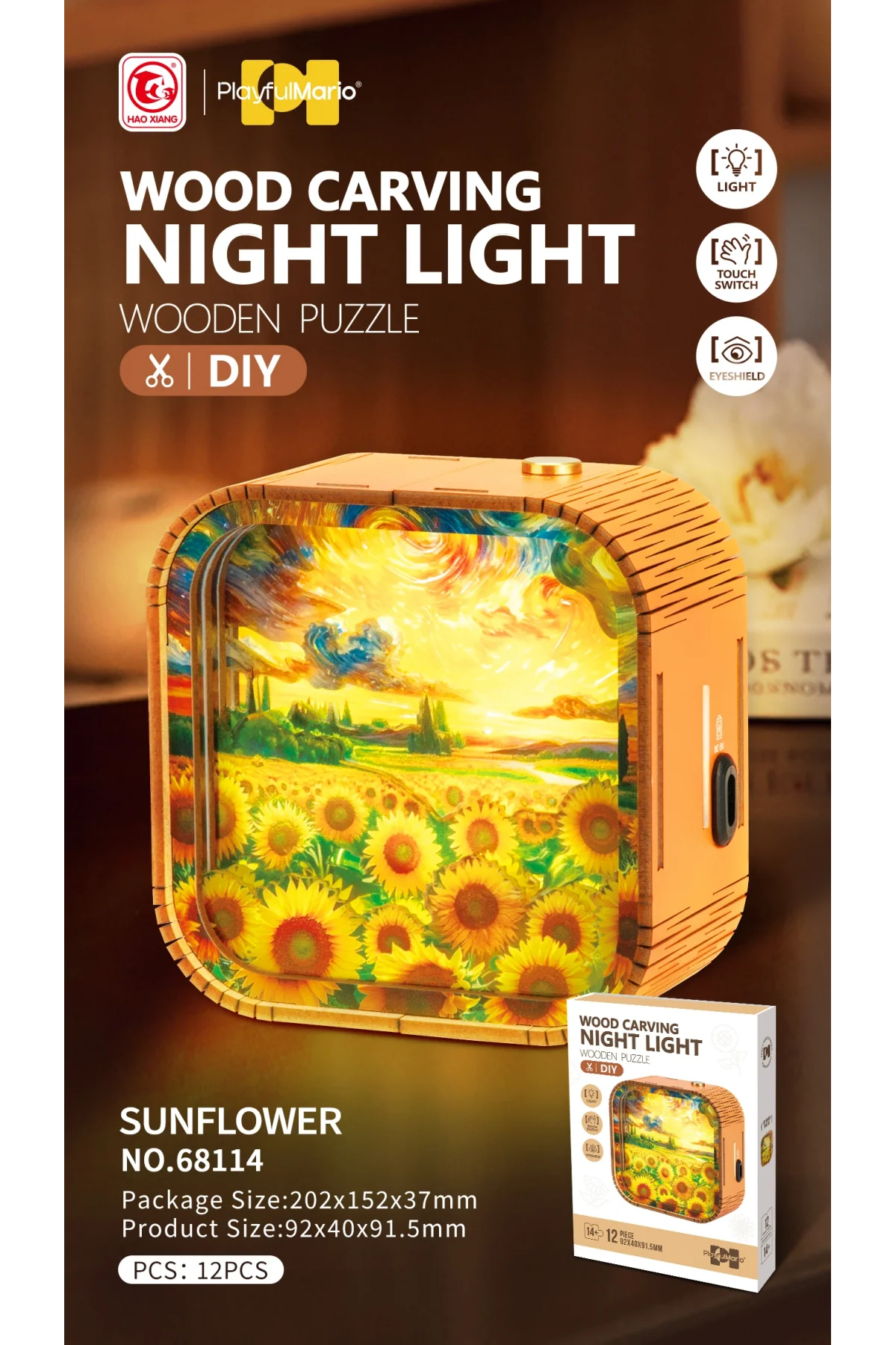 3D Puzzle Ahşap Minyatür Maket Kiti DIY Kendin Yap Gece Lambası Ayçiçeği 12 Parça