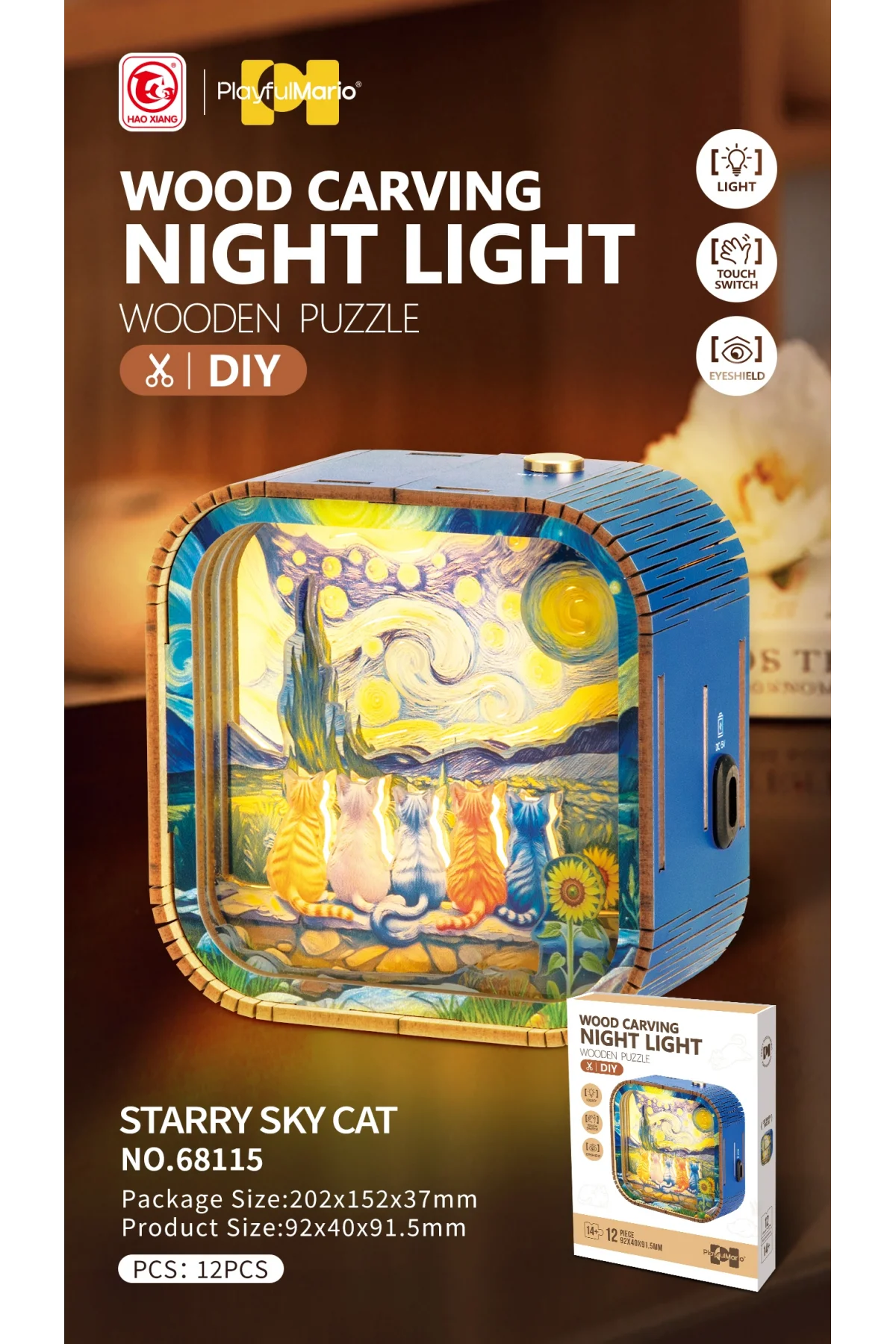 3D Puzzle Ahşap Minyatür Maket Kiti DIY Kendin Yap Gece Lambası Kediler 12 Parça