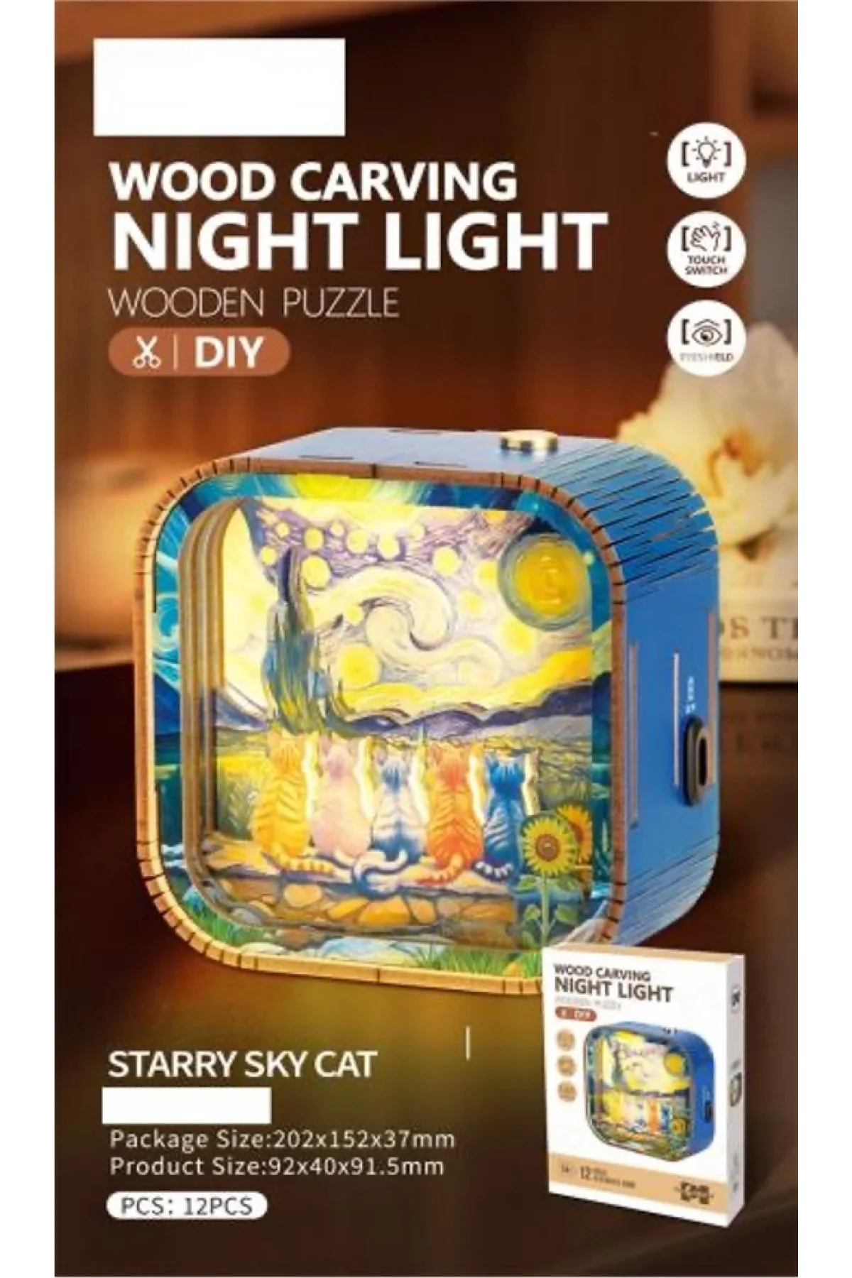 3D Puzzle Ahşap Minyatür Maket Kiti DIY Kendin Yap Gece Lambası Kediler 12 Parça