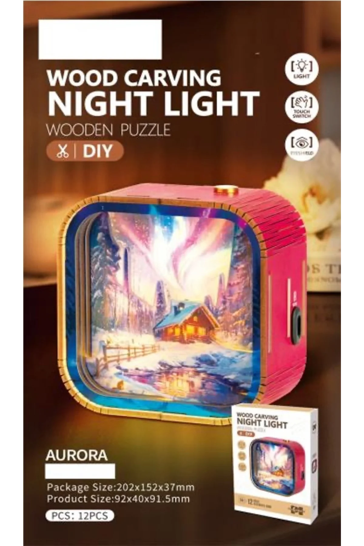 3D Puzzle Ahşap Minyatür Maket Kiti DIY Kendin Yap Gece Lambası Kuzey Işıkları 12 Parça
