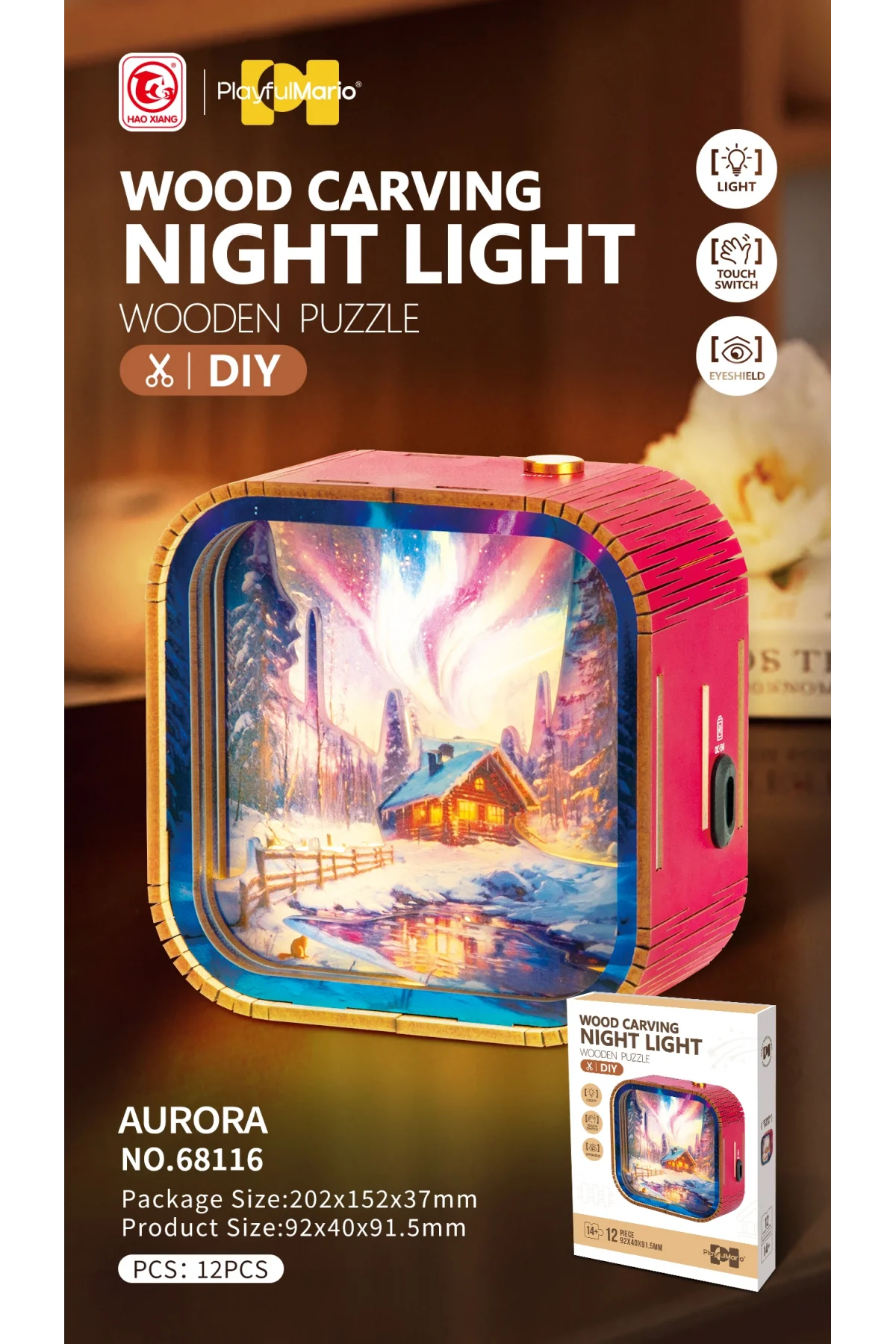 3D Puzzle Ahşap Minyatür Maket Kiti DIY Kendin Yap Gece Lambası Kuzey Işıkları 12 Parça