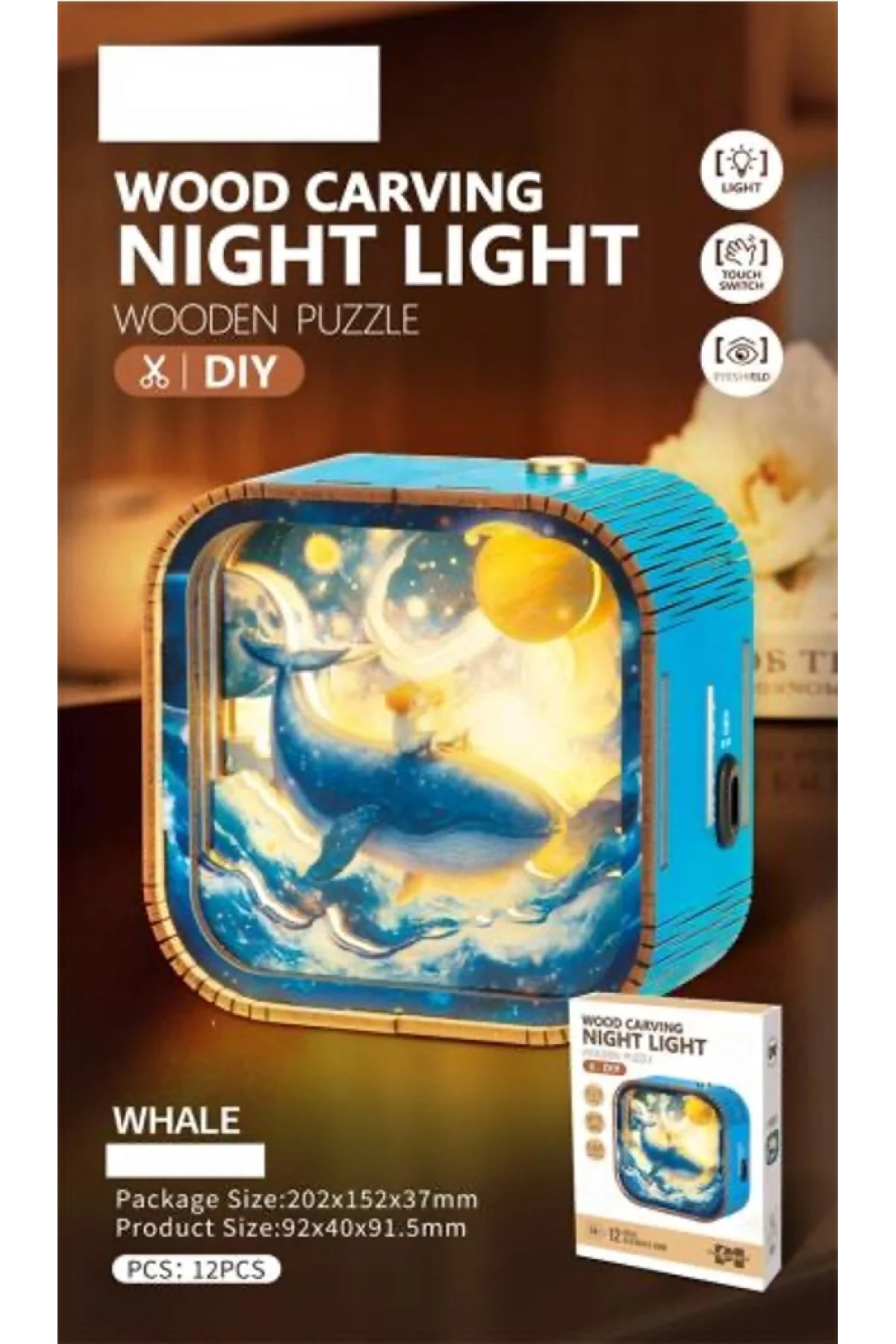 3D Puzzle Ahşap Minyatür Maket Kiti DIY Kendin Yap Gece Lambası Yunus 12 Parça