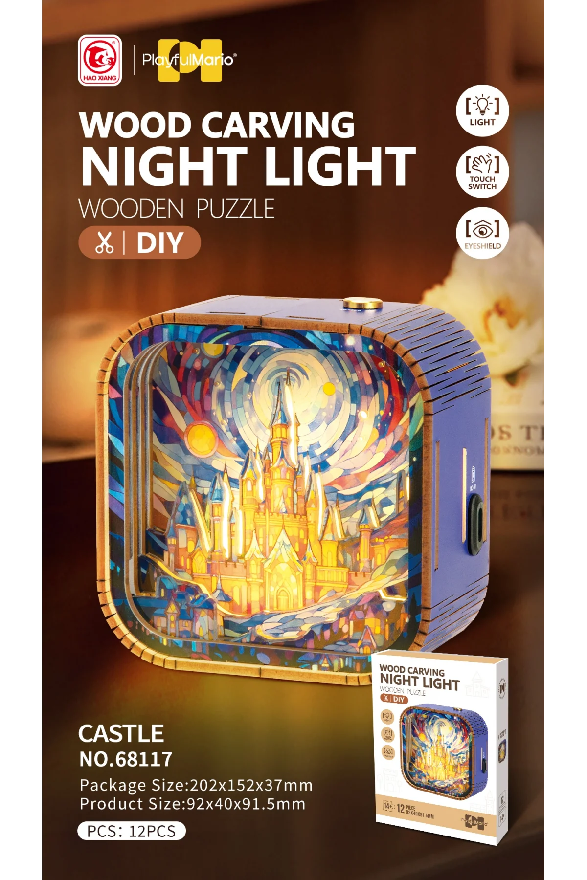 3D Puzzle Ahşap Minyatür Maket Kiti DIY Kendin Yap Gece Lambası Şato 12 Parça