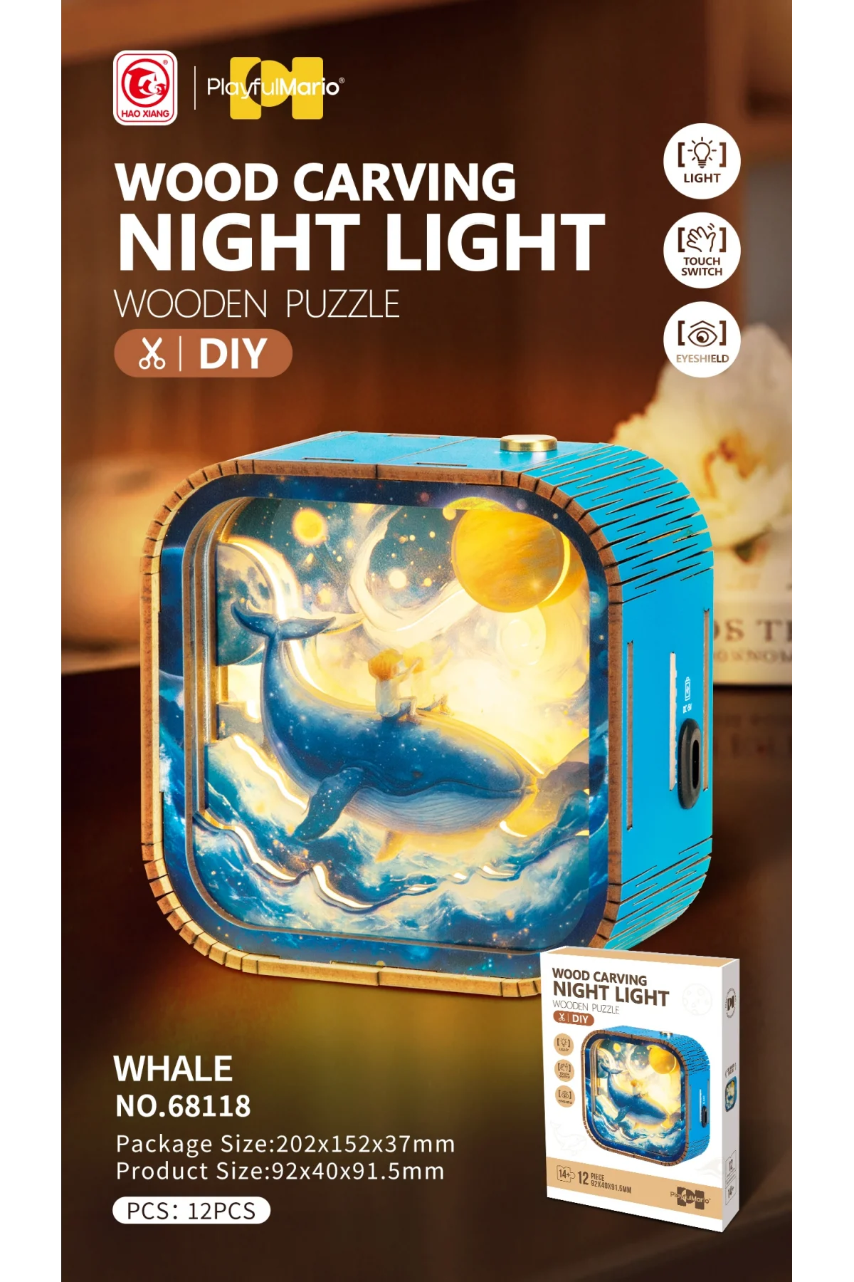 3D Puzzle Ahşap Minyatür Maket Kiti DIY Kendin Yap Gece Lambası Yunus 12 Parça