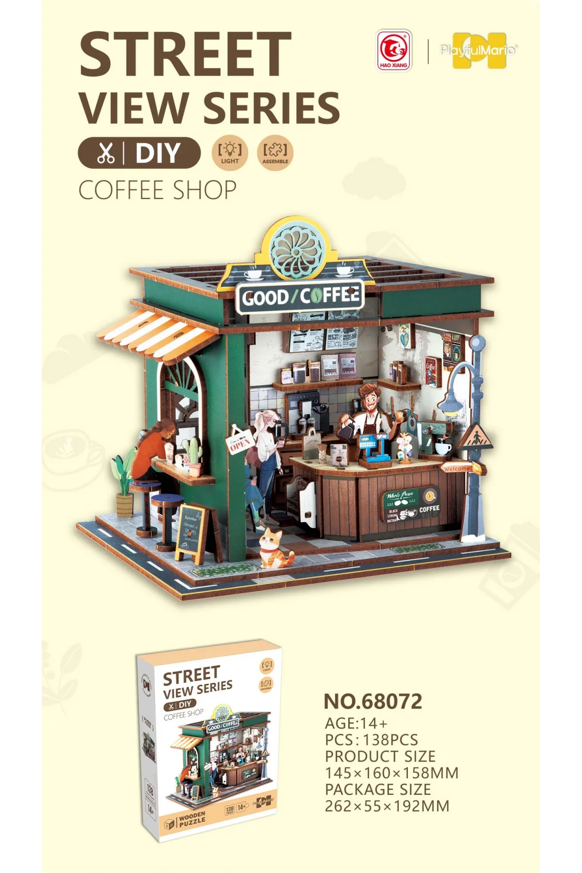 3D Puzzle Ahşap Minyatür Maket Kiti DIY Kendin Yap Kahve Dükkanı Işıklı