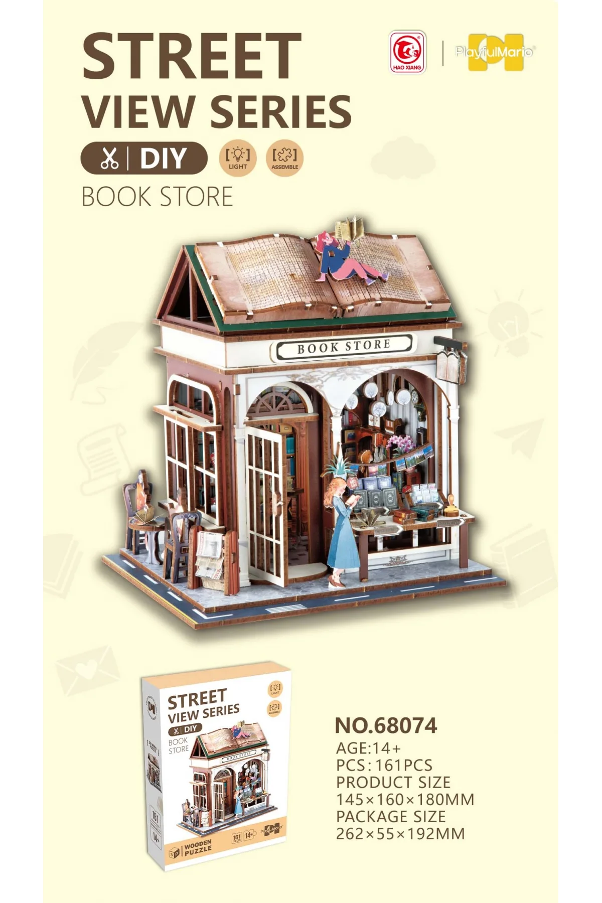 3D Puzzle Ahşap Minyatür Maket Kiti DIY Kendin Yap Kitap Dükkanı Işıklı 146 Parça