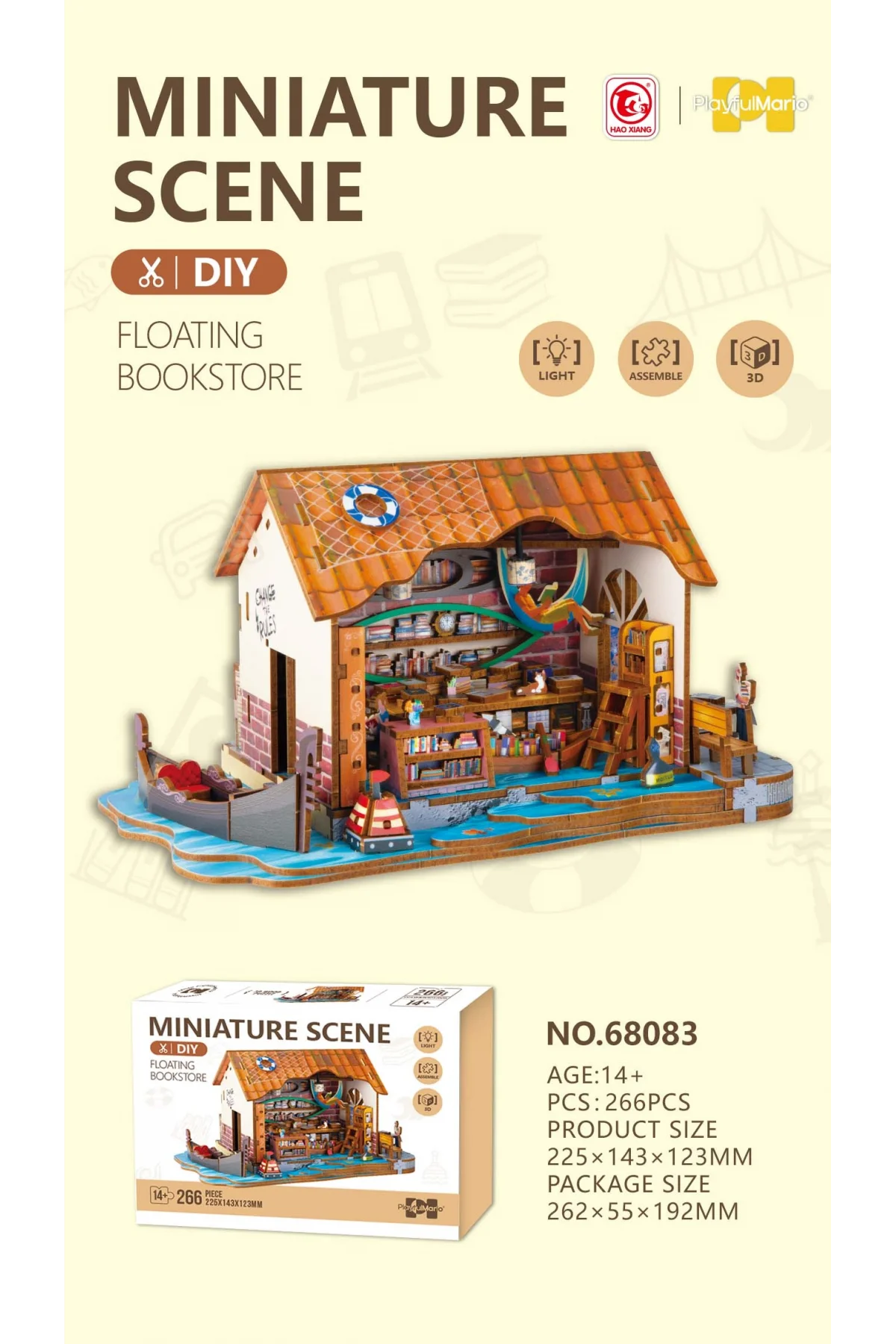 3D Puzzle Ahşap Minyatür Maket Kiti DIY Kendin Yap Kitapçı Işıklı 266 Parça