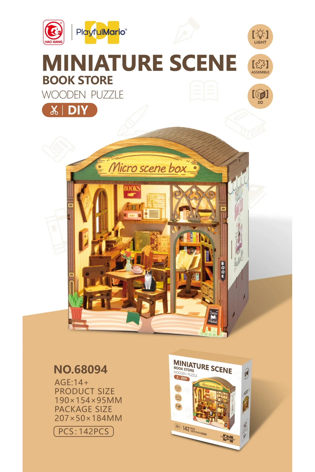 3D Puzzle Ahşap Minyatür Maket Kiti DIY Kendin Yap Kitaplık Işıklı 142 Parça