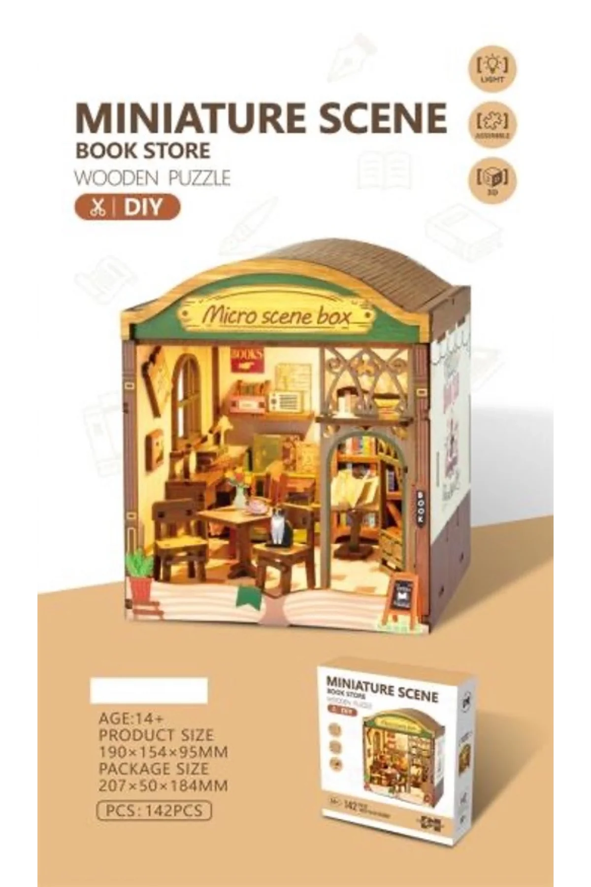3D Puzzle Ahşap Minyatür Maket Kiti DIY Kendin Yap Kitaplık Işıklı 142 Parça