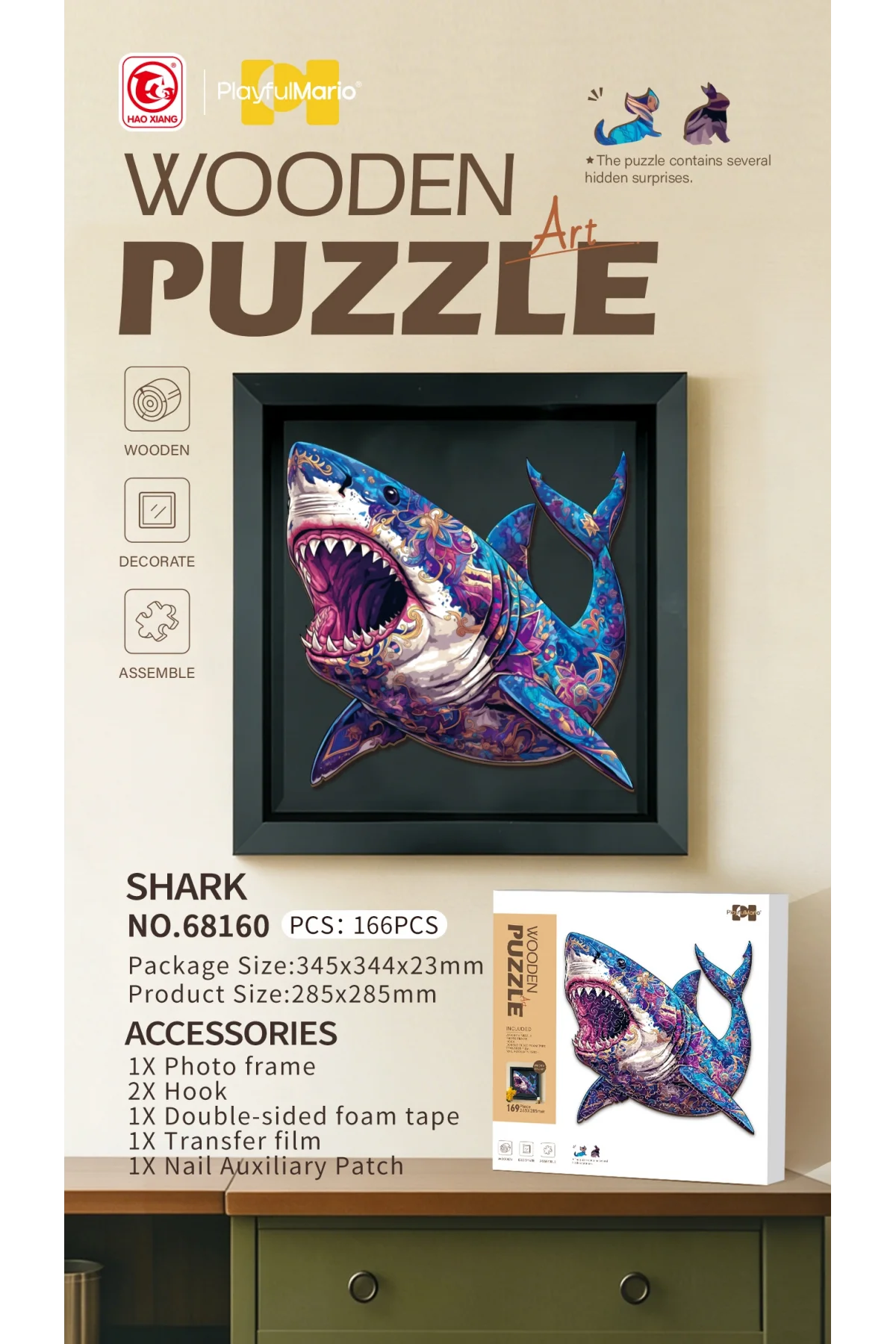 3D Puzzle Ahşap Minyatür Maket Kiti DIY Kendin Yap Köpek Balığı 166 Parça