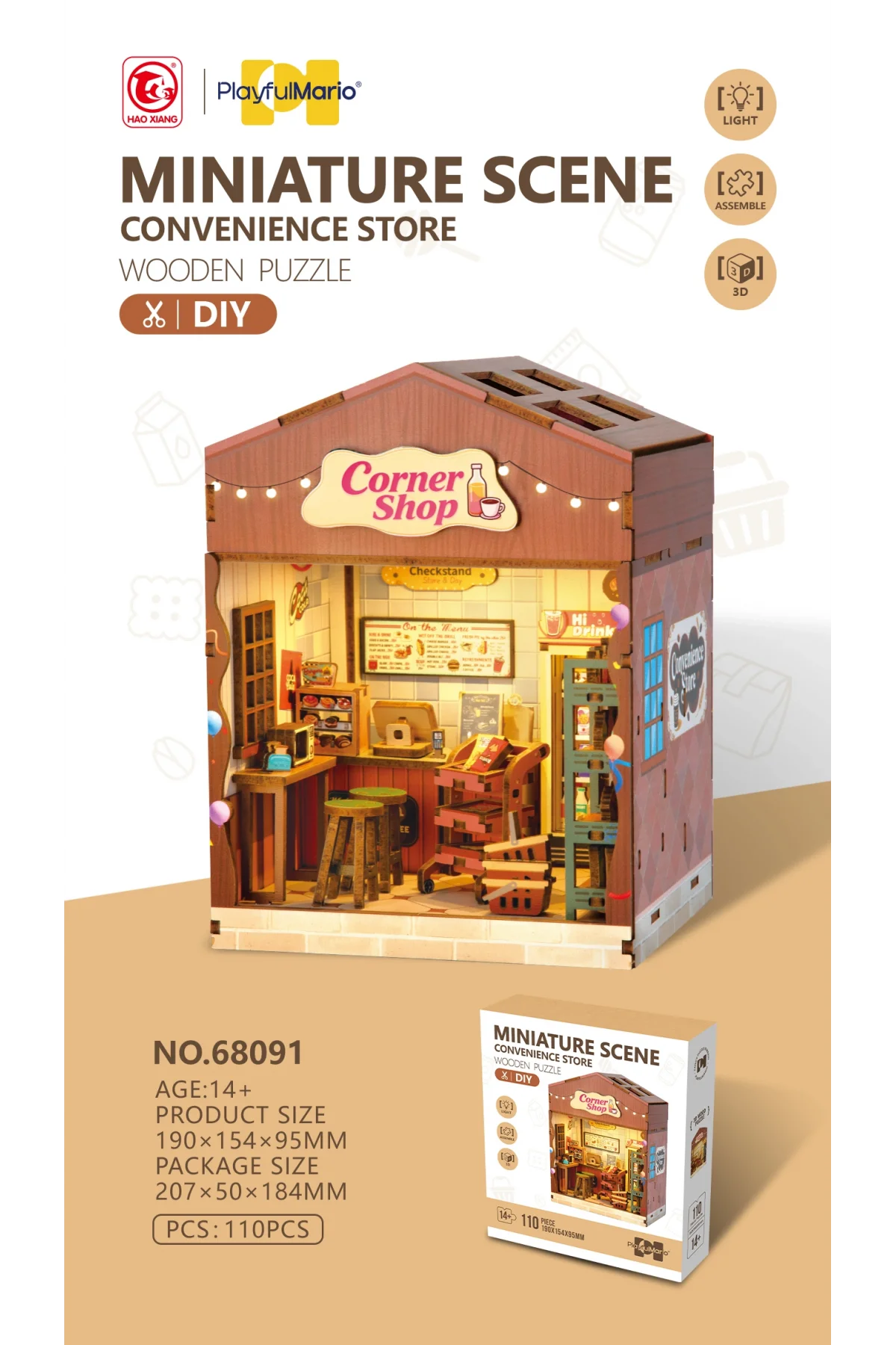 3D Puzzle Ahşap Minyatür Maket Kiti DIY Kendin Yap Köşe Dükkan Işıklı 110 Parça