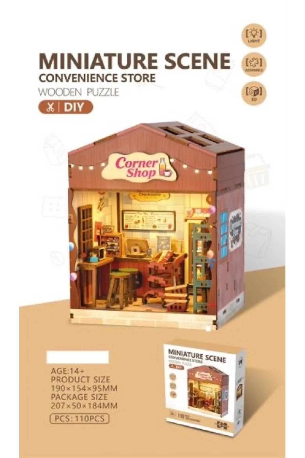3D Puzzle Ahşap Minyatür Maket Kiti DIY Kendin Yap Köşe Dükkan Işıklı 110 Parça