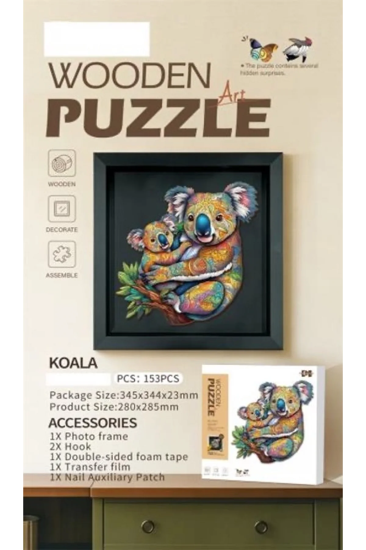 3D Puzzle Ahşap Minyatür Maket Kiti DIY Kendin Yap Kuala ve Yavrusu 153 Parça
