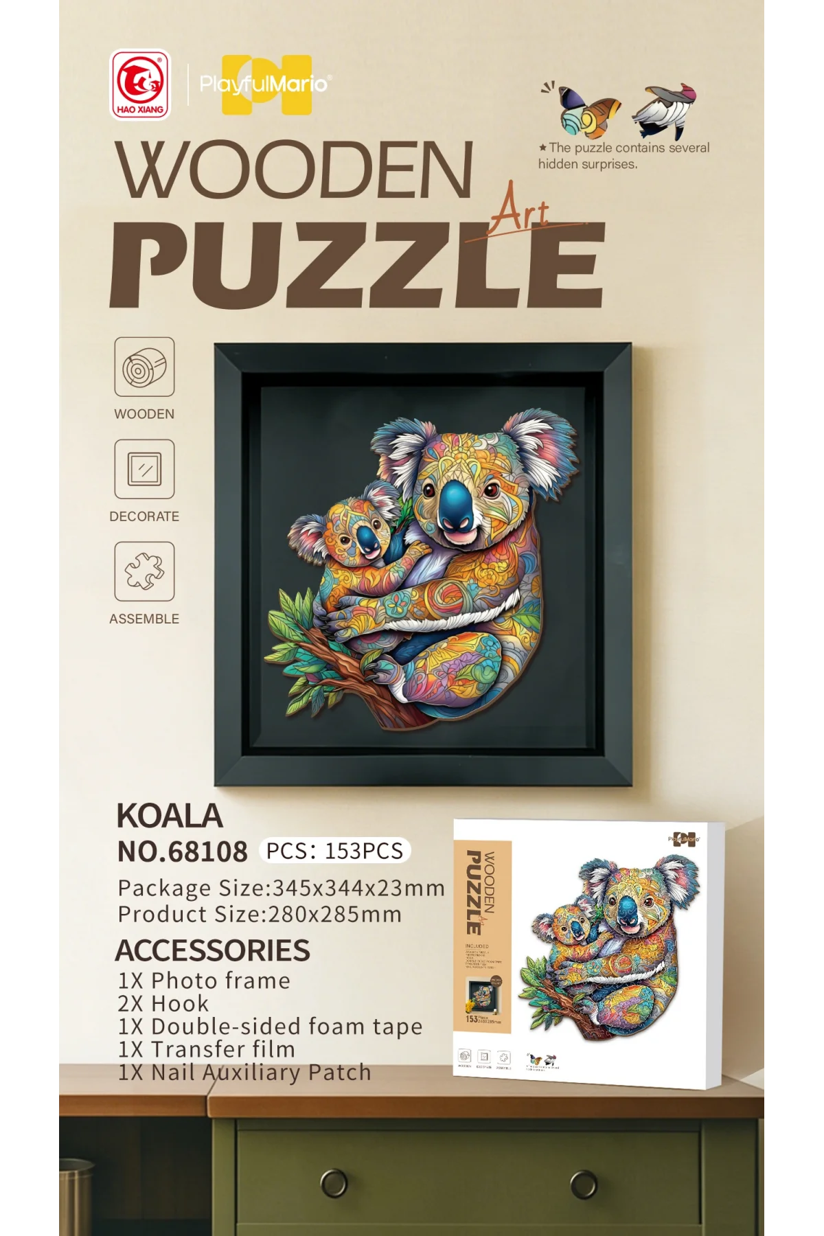 3D Puzzle Ahşap Minyatür Maket Kiti DIY Kendin Yap Kuala ve Yavrusu 153 Parça