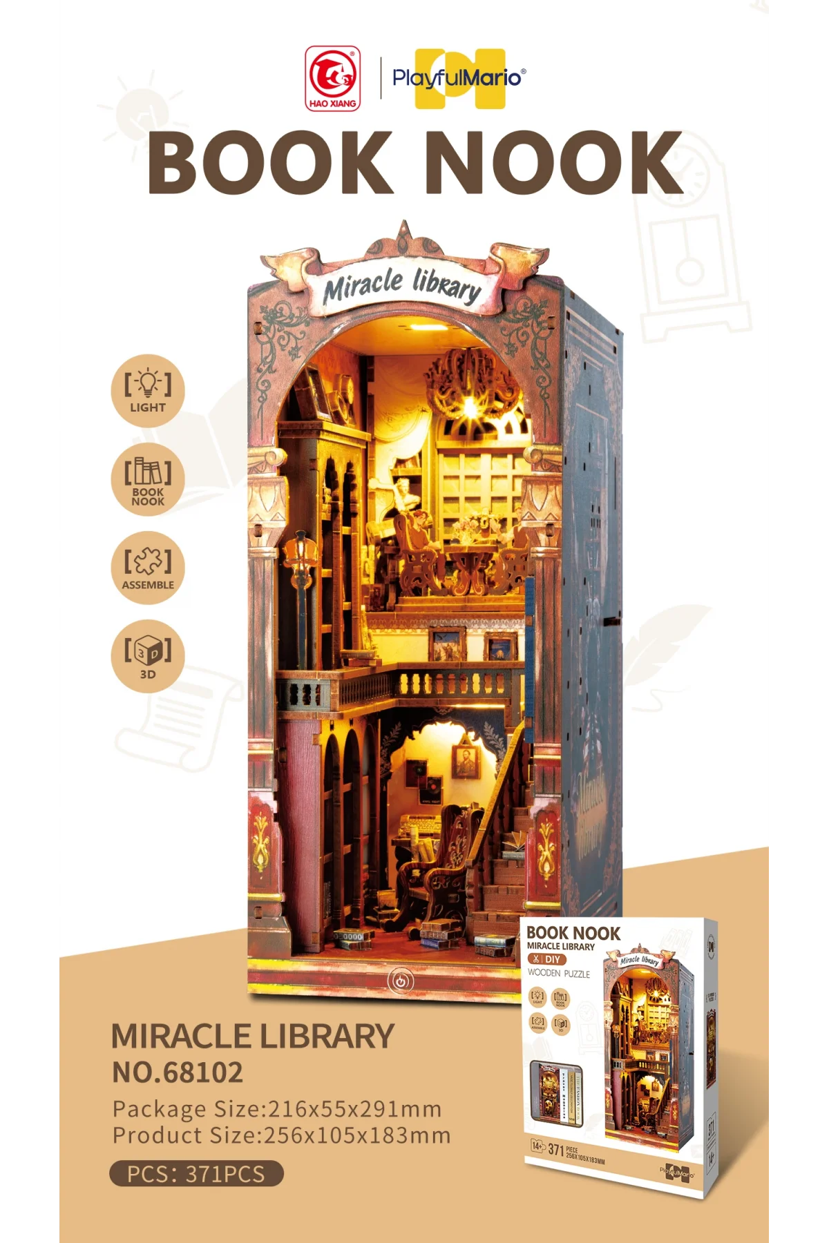 3D Puzzle Ahşap Minyatür Maket Kiti DIY Kendin Yap Kütüphane Işıklı 371 Parça
