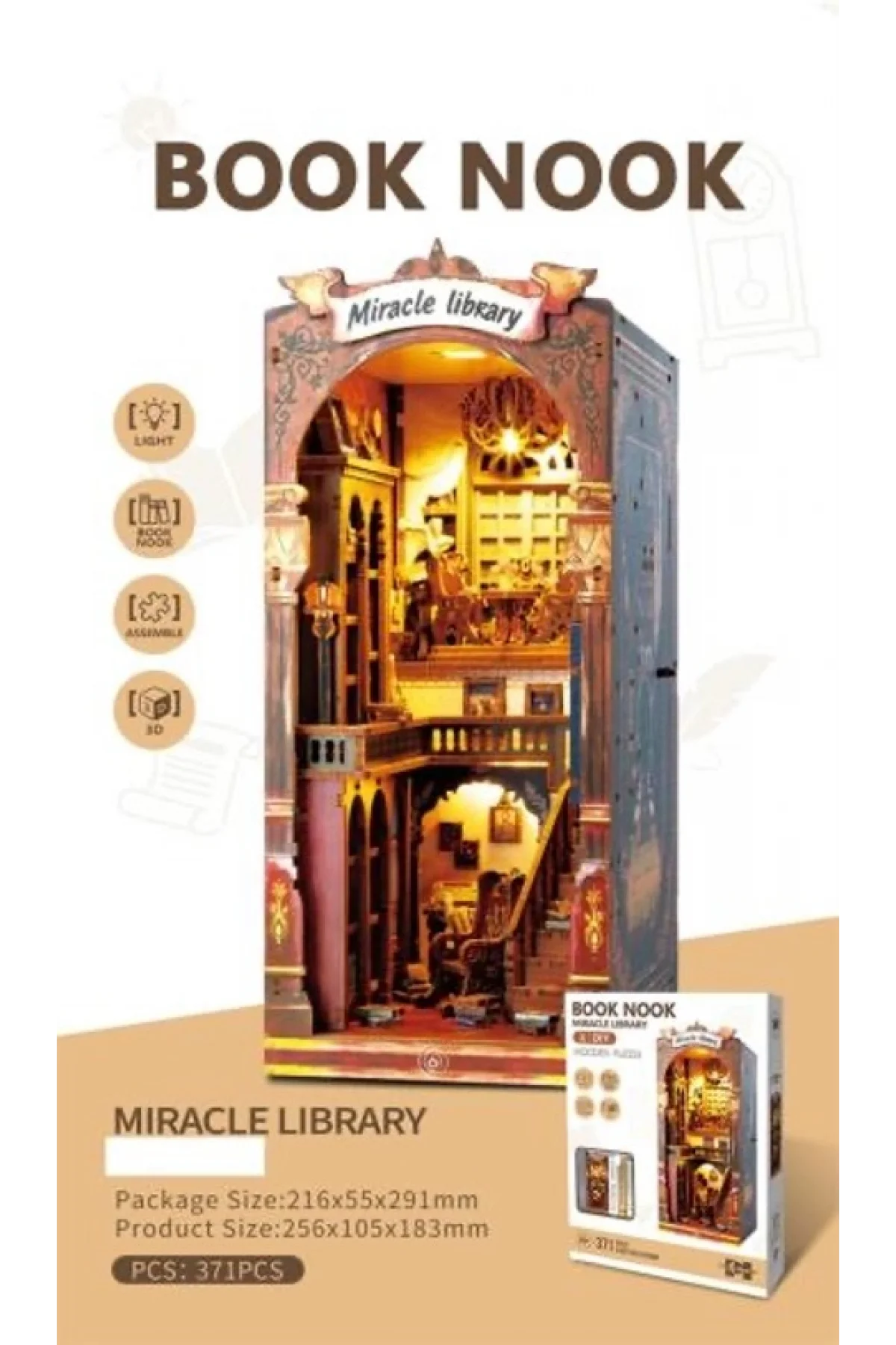 3D Puzzle Ahşap Minyatür Maket Kiti DIY Kendin Yap Kütüphane Işıklı 371 Parça