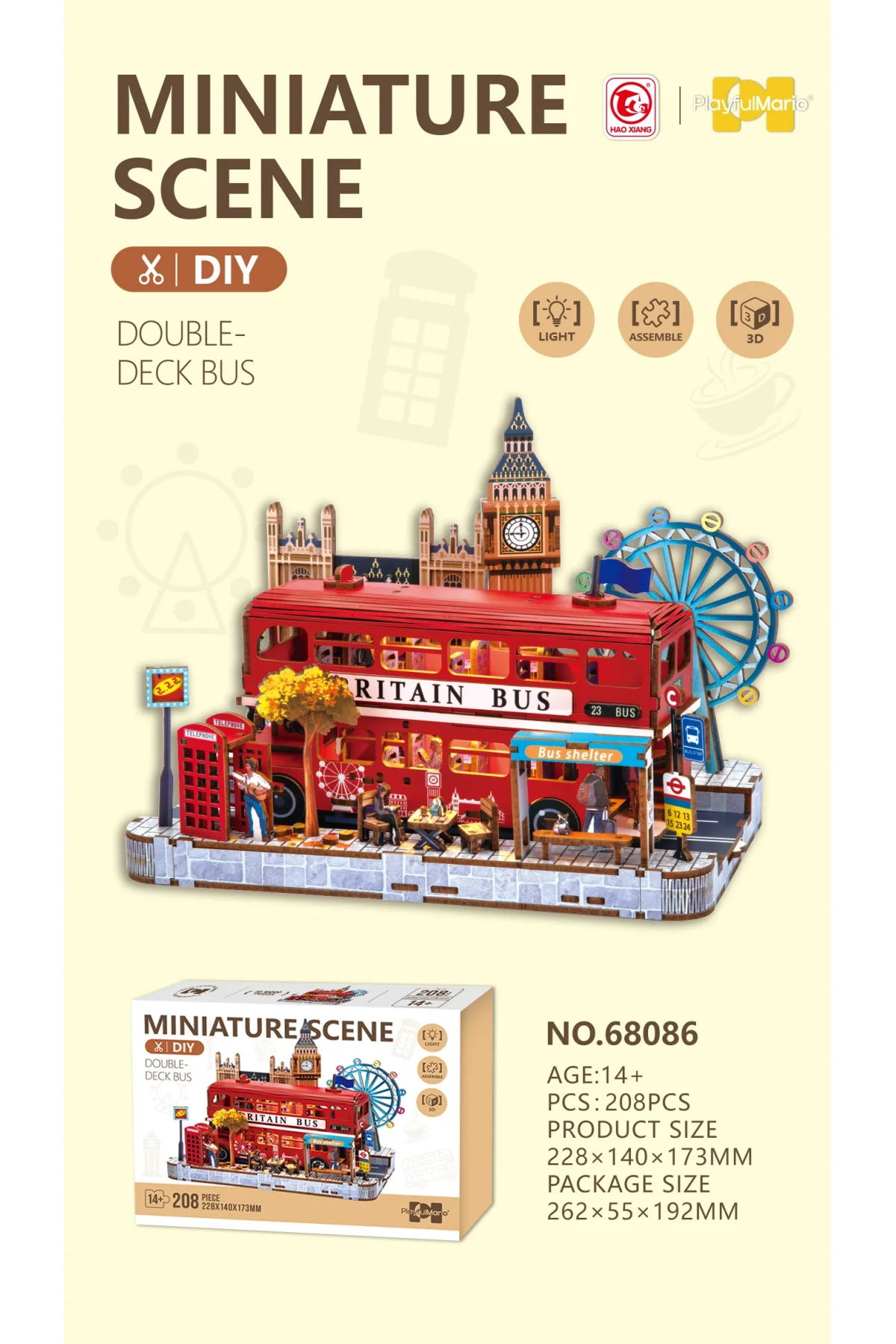 3D Puzzle Ahşap Minyatür Maket Kiti DIY Kendin Yap London Işıklı 208 Parça