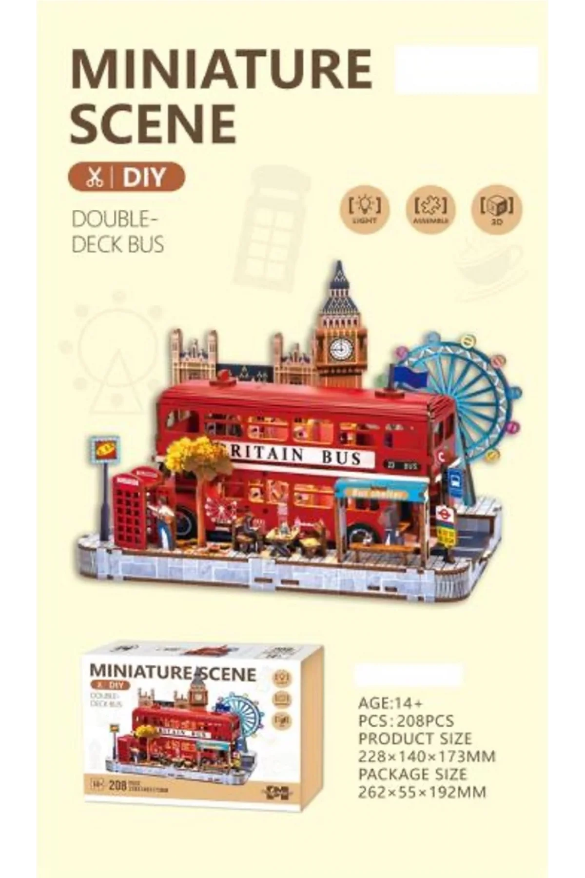 3D Puzzle Ahşap Minyatür Maket Kiti DIY Kendin Yap London Işıklı 208 Parça