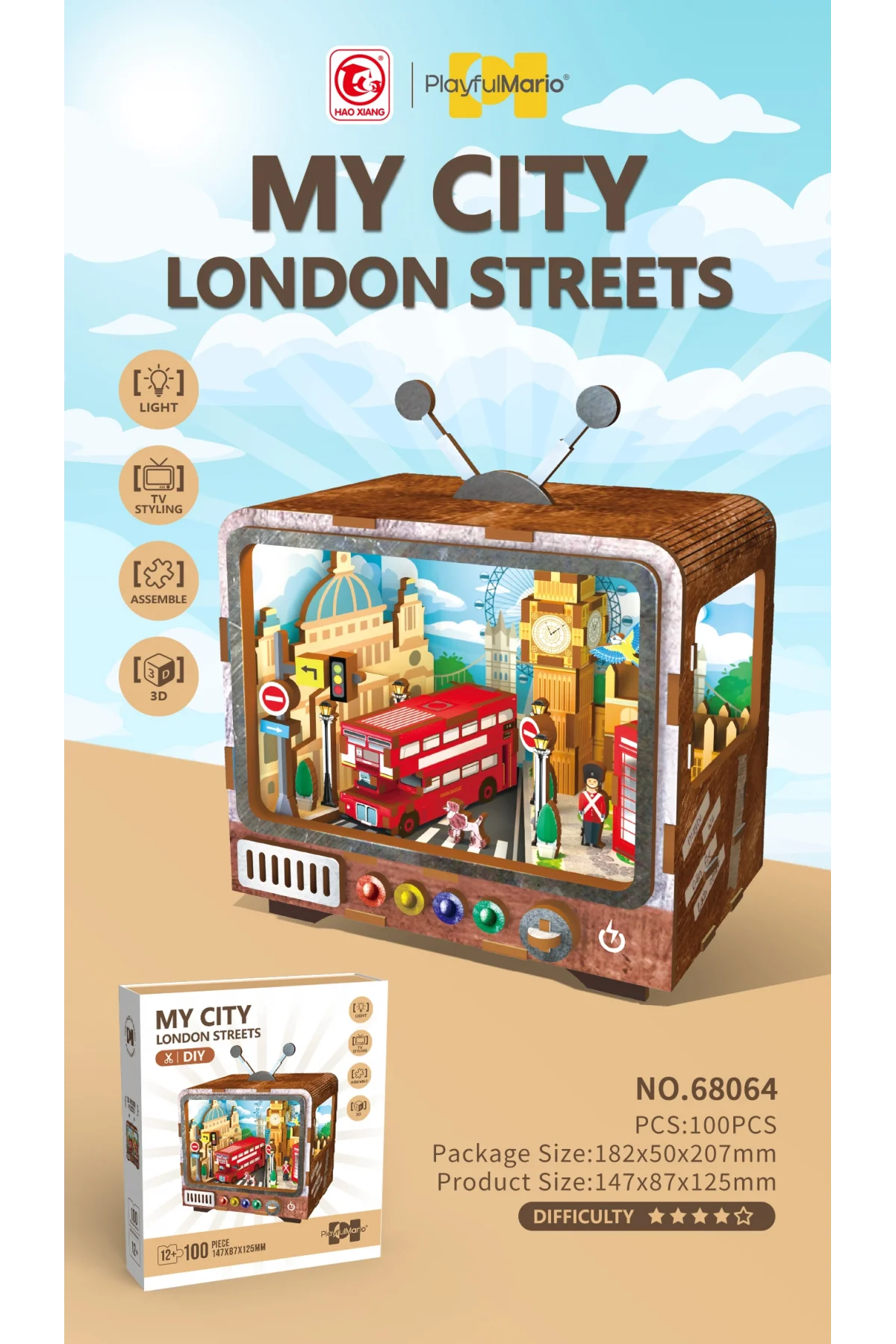 3D Puzzle Ahşap Minyatür Maket Kiti DIY Kendin Yap London Streets 97 Parça Işıklı