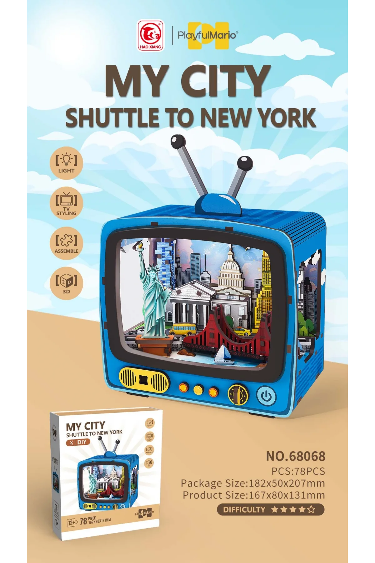 3D Puzzle Ahşap Minyatür Maket Kiti DIY Kendin Yap New York 78 Parça Işıklı
