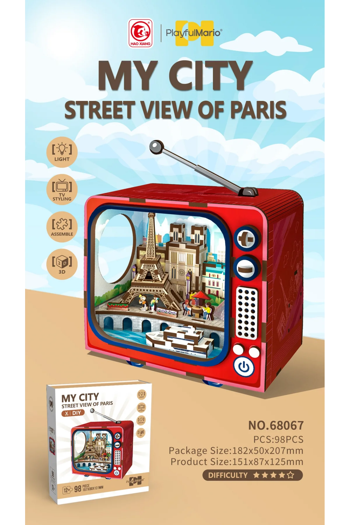3D Puzzle Ahşap Minyatür Maket Kiti DIY Kendin Yap Paris 124 Parça Işıklı