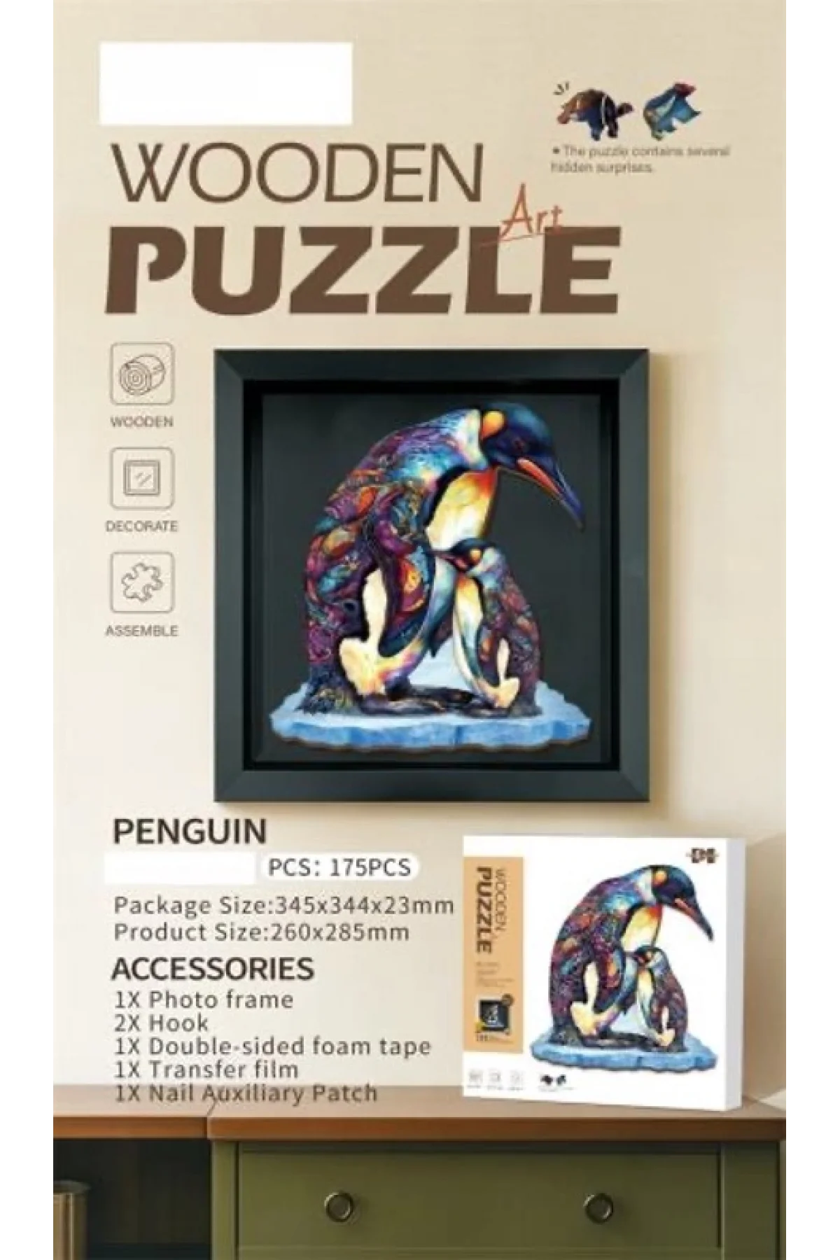 3D Puzzle Ahşap Minyatür Maket Kiti DIY Kendin Yap Penguen ve Yavrusu 175 Parça