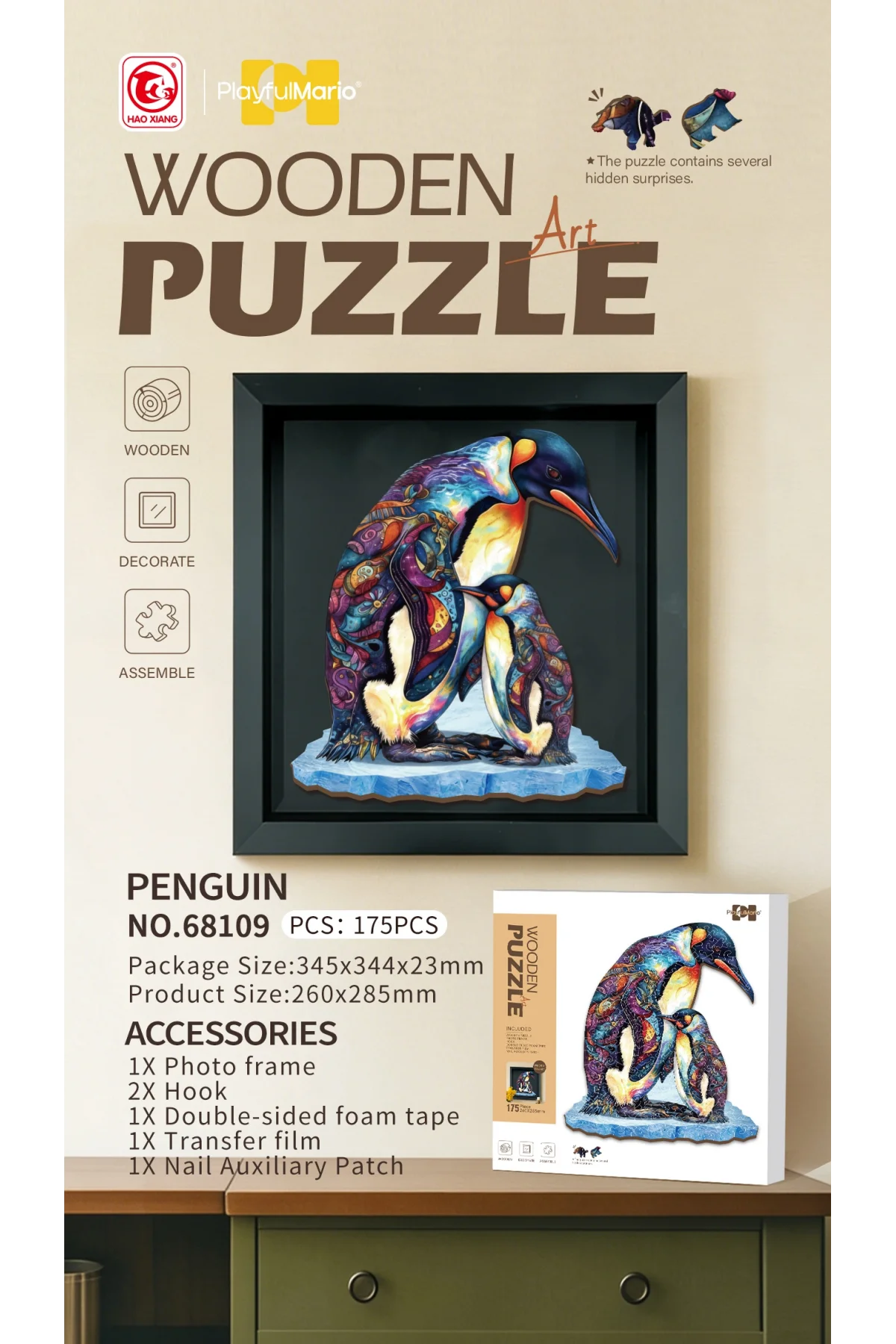 3D Puzzle Ahşap Minyatür Maket Kiti DIY Kendin Yap Penguen ve Yavrusu 175 Parça