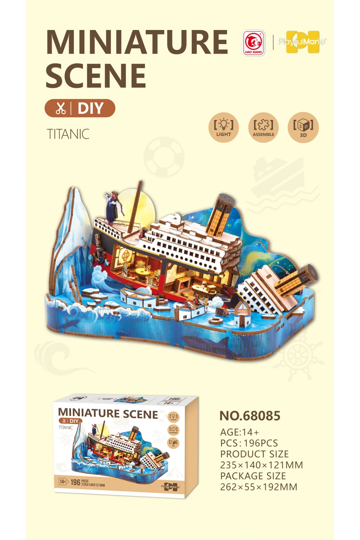 3D Puzzle Ahşap Minyatür Maket Kiti DIY Kendin Yap Titanic Işıklı 196 Parça
