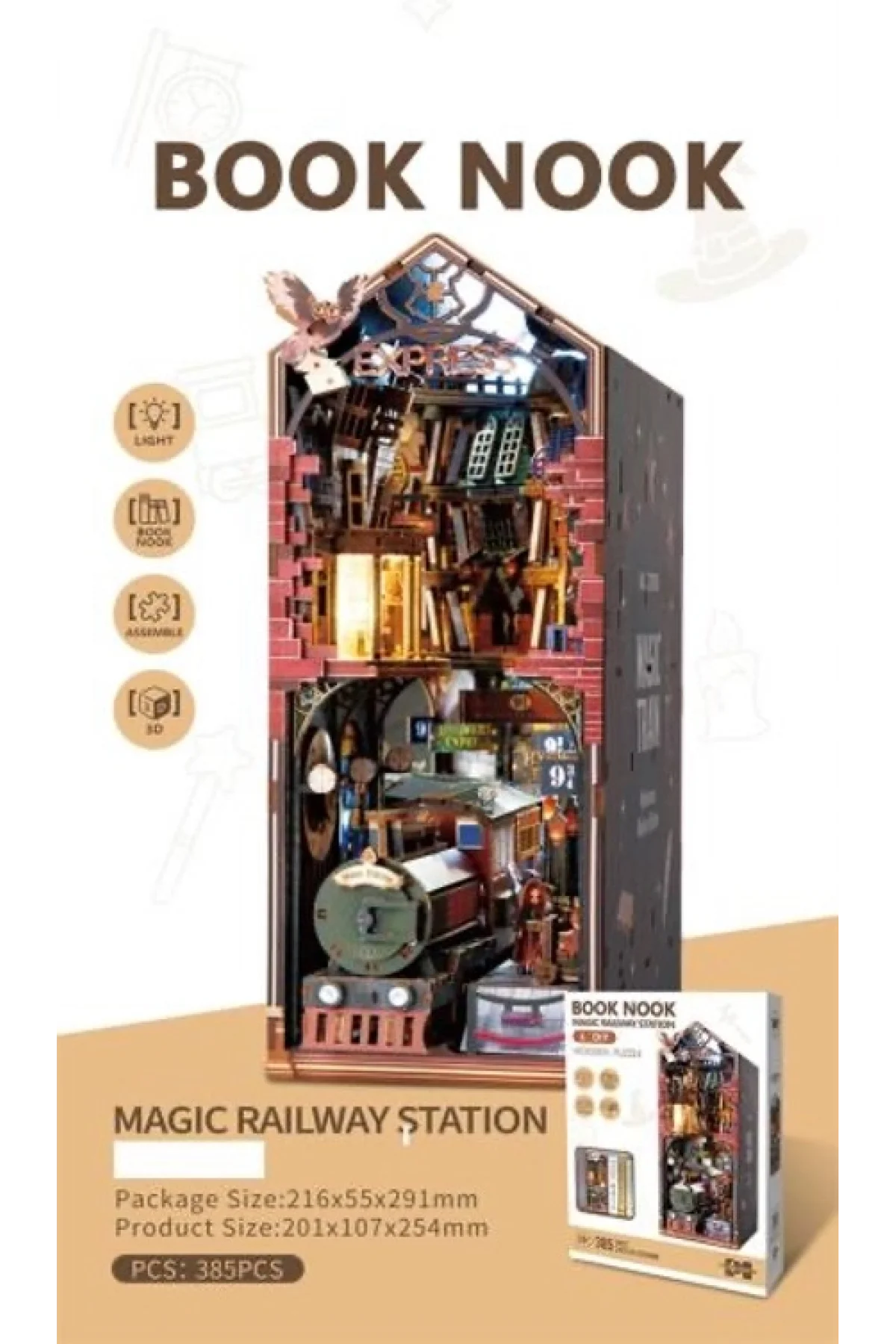 3D Puzzle Ahşap Minyatür Maket Kiti DIY Kendin Yap Tren İstasyonu Işıklı 385 Parça