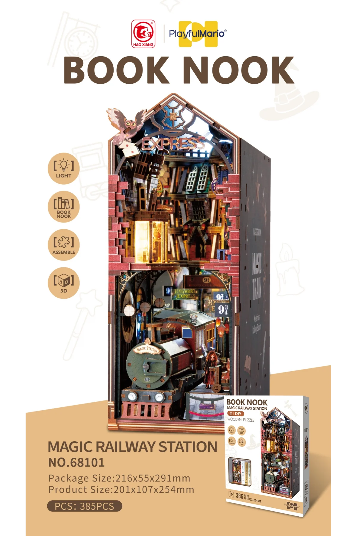 3D Puzzle Ahşap Minyatür Maket Kiti DIY Kendin Yap Tren İstasyonu Işıklı 385 Parça