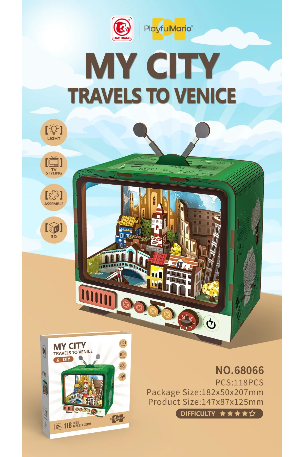 3D Puzzle Ahşap Minyatür Maket Kiti DIY Kendin Yap Venice 139 Parça Işıklı