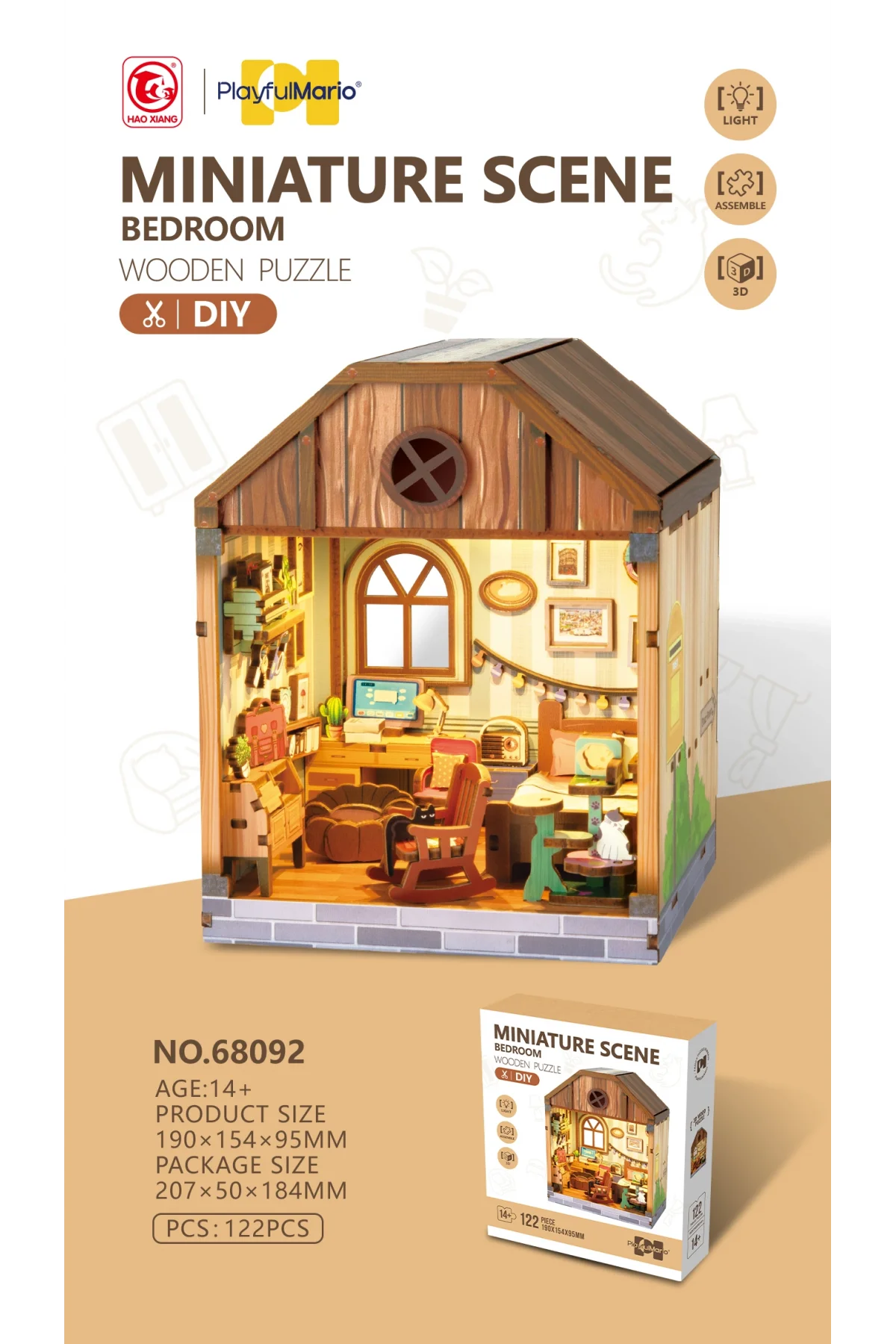 3D Puzzle Ahşap Minyatür Maket Kiti DIY Kendin Yap Yatak Odası Işıklı 122 Parça